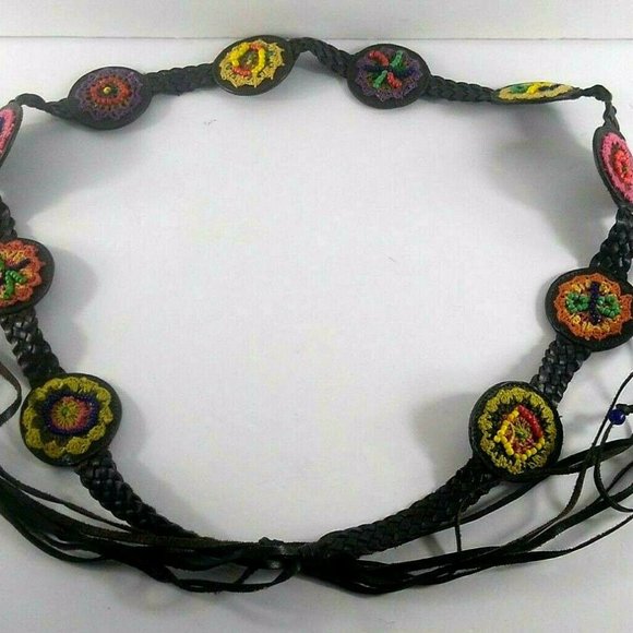 Chicos Leather Medallion Beaded Boho Fringe Belt main image 6